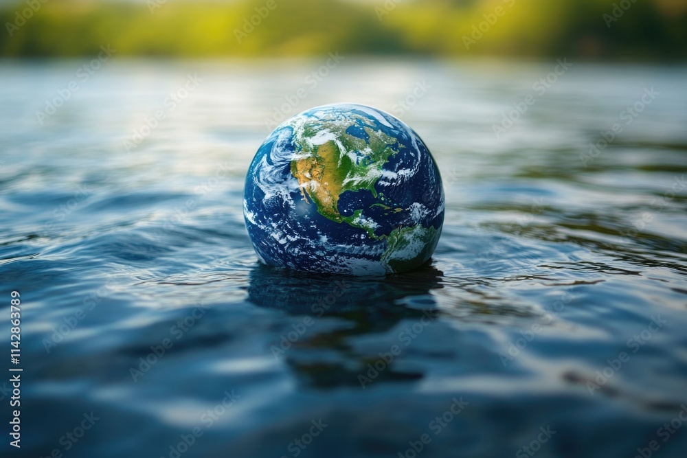 Poster a small globe floating in the middle of a body of water, great for representing exploration or disco