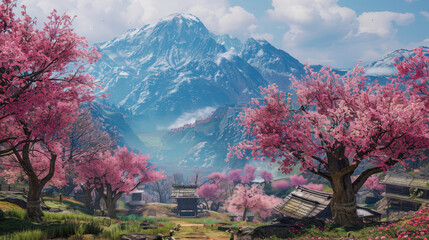 A landscape with blooming cherry trees against mountain backdrops.