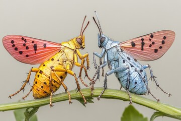 Close-up photo of two insects resting on a leafy green plant, ideal for use in nature or wildlife themed projects