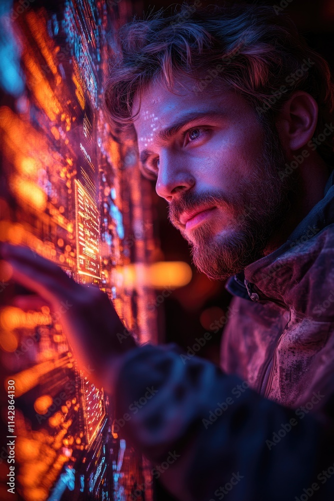 Aufkleber A person studying the monitor in a dimly lit space, potentially analyzing data or troubleshooting an issue