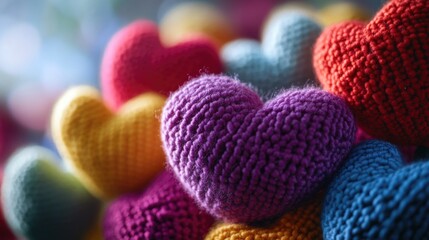 Obraz premium A creative arrangement of handmade knitted hearts, stacked on top of each other