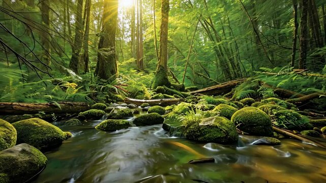 Luminous forest with a babbling brook and sun rays filtering through the canopy