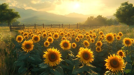 Obraz premium Sunlit sunflower field at sunset, with mountains in the background and a wooden fence.