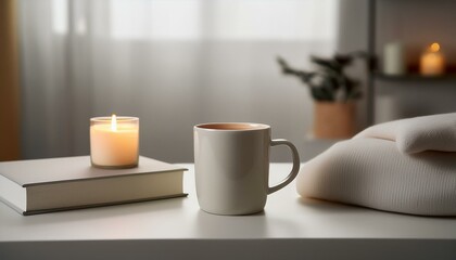 Obraz premium A scene with a stylishly designed mug filled with hot tea, a small book and incense on the table creating a cozy atmosphere.