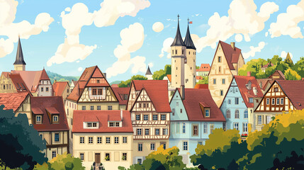 Illustration, Cityscape of Rothenburg ob der Tauber in Germany, touristic advertisement poster. Famous touristic must-see spot in Germany. Promotional touristic poster. Town on the Romantische Strasse