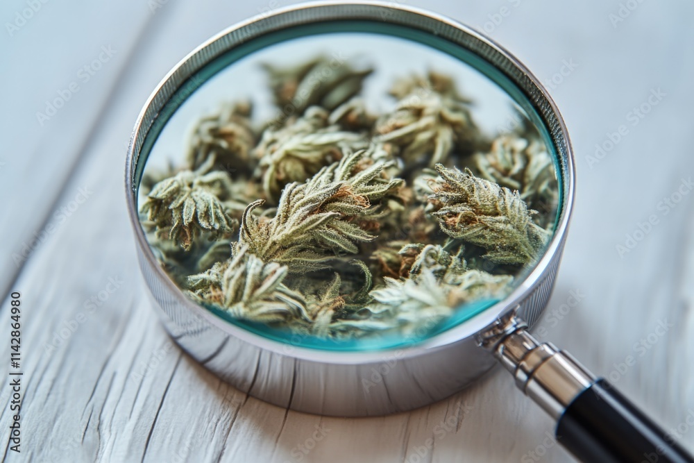 Poster close-up of a magnifying glass filled with marijuana for examination and analysis
