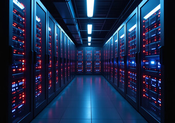 Fototapeta premium dark rooms neon lights powered software servers racks providing full services modern data storage facility always