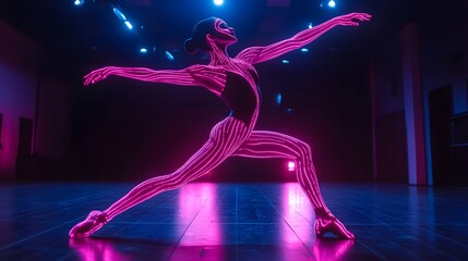 Ballet dancer gracefully posing with luminous blue and pink neon pattern on body in dim studio, emphasizing artful elegance and futuristic style