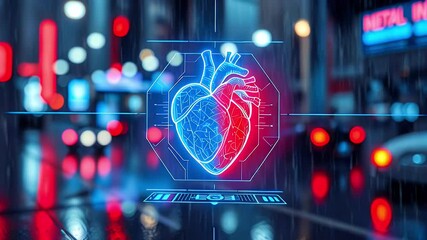 A digital heart illustration set against a blurred cityscape with neon lights. - Powered by Adobe