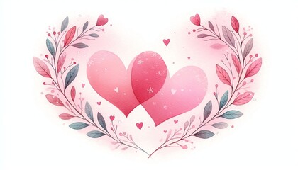 Watercolor illustration of two overlapping pink hearts with tiny hearts