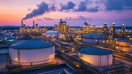 industrial oil and gas refinery at dusk, towering storage tanks silhouetted against the glowing horizon, smoke billowing into the twilight sky, evoking a sense of power and industry