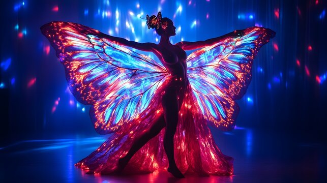 Artistic performer wearing radiant neon wing shaped like glowing butterfly, gracefully posing on stage with dark vibrant lighting