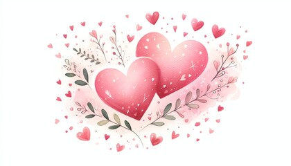 Watercolor illustration of two overlapping pink hearts with tiny hearts