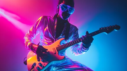 Obraz premium usician wearing futuristic reflective outfit, playing electric guitar under vibrant neon light, creating an energetic and bold retro futuristic visual