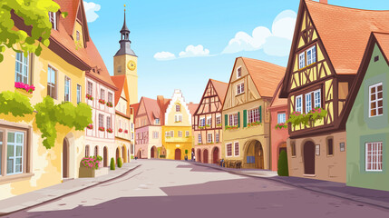 Fototapeta premium Illustration, Cityscape of Rothenburg ob der Tauber in Germany, touristic advertisement poster. Famous touristic must-see spot in Germany. Promotional touristic poster. Town on the Romantische Strasse