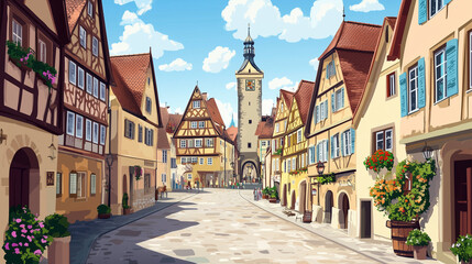 Obraz premium Illustration, Cityscape of Rothenburg ob der Tauber in Germany, touristic advertisement poster. Famous touristic must-see spot in Germany. Promotional touristic poster. Town on the Romantische Strasse