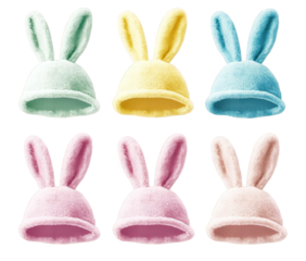 six pastel-colored bunny ear hats with fluffy texture. isolated on a transparent background they are arranged in two rows of three. with each hat in a different color