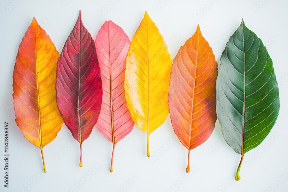 Poster a collection of colorful leaves arranged on a clean white surface