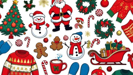 Christmas illustration set of icons poster design. Stickers collection with Santa, snowman, decorated tree, cozy sweater, wreath, presents, and holiday decorations