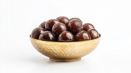Obraz premium front-facing shot of delectable gulab jamun, glistening in a gold dessert bowl, isolated on a pristine white background that accentuates its rich texture and inviting appearance