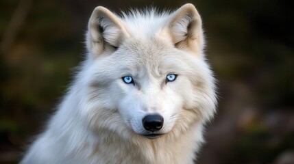 Fototapeta premium intense gaze of a majestic white wolf, its piercing blue eyes glimmering with an otherworldly light against a deep black backdrop, evoking a sense of mystery