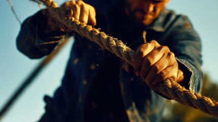 A person manually hauling a rope with their hands