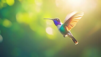 Fototapeta premium graceful hummingbird in mid-flight, brilliantly colored feathers glistening in sunlight, with a lush green background, capturing the delicate beauty and agility of nature in a moment of stillness