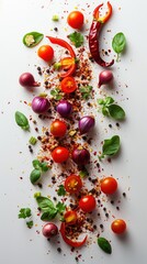 A vibrant arrangement of fresh vegetables and herbs, showcasing colorful ingredients for cooking.