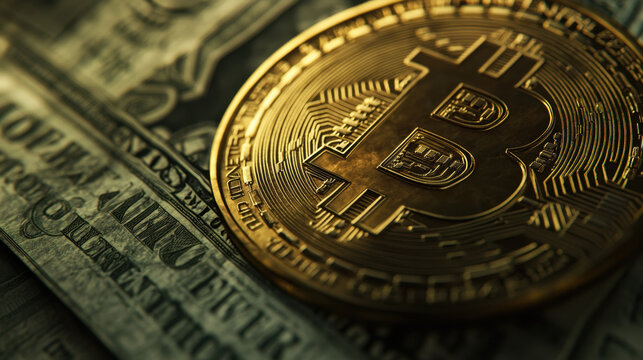 A large bitcoin coin is placed prominently on a one dollar bill, showcasing the relationship between traditional currency and digital assets in a modern financial context.