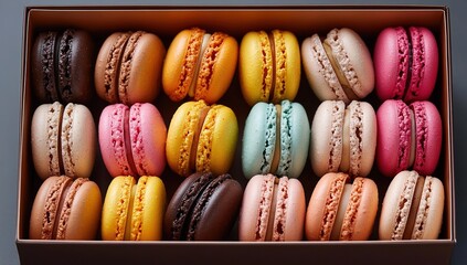 A white box of colorful macarons, photographed from above, against a light background.