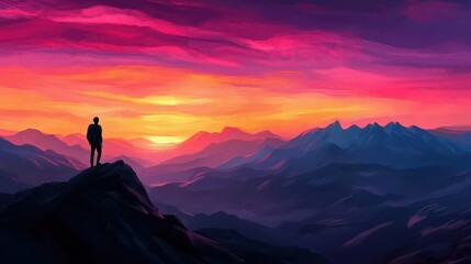 hiker silhouetted against a breathtaking sunrise, vibrant colors painting the sky, rugged mountains in the background, evoking a sense of adventure and tranquility in nature
