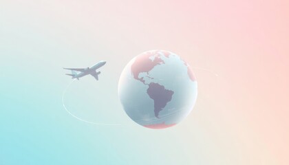 Fototapeta premium Airplane flies above rotating globe. Travel concept. Global exploration. Modern travel. International tourism. Sky. Earth. Air travel. Minimalist style. Generative AI art. Wanderlust adventure.