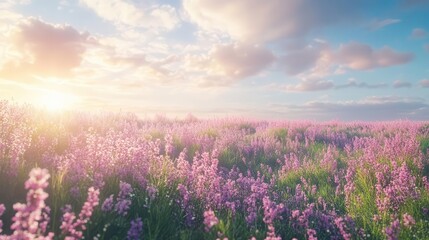 Obraz premium idyllic summer meadow filled with blooming pink wildflowers, bathed in morning sunlight with lilac bushes and soft pink clouds adorning the blue sky above