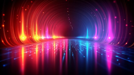 Obraz premium A vibrant, colorful light tunnel creating an energetic atmosphere with glowing lines and reflections on the surface.