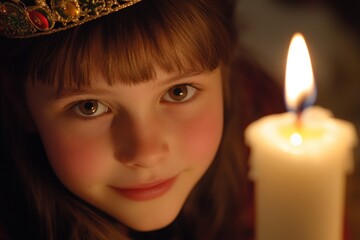 A young girl holds a lit candle and wears a crown, perfect for royalty or fantasy scenes