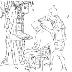A coloring page of outdoor barber shop beneath a large tree