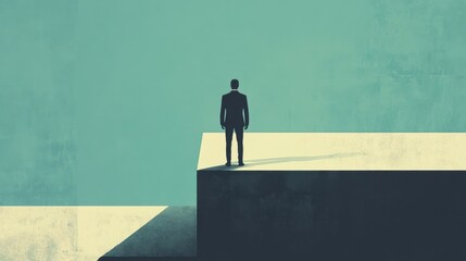 Silhouette of a man standing on the edge of a platform against a minimalistic background