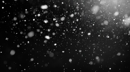 Falling snowflakes in the air against a black background