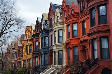 Fototapeta premium Colorful Row of Historic Brownstones on a Cloudy Day