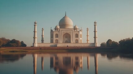 Fototapeta premium majestic taj mahal isolated against a clear sky, capturing its intricate architecture and beauty, surrounded by a serene landscape, highlighting its cultural significance and historical grandeur