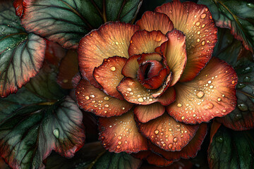 Intricate Beauty of a Blooming Begonia: Nature's Vivid Mastery with Crimson and Gold Hues
