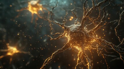 nerve cell structure illuminated against a dark background, showcasing intricate dendrites and axons, emphasizing texture and detail in a 3d view