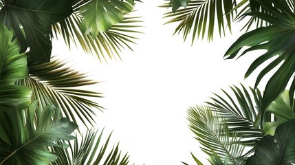 overlay of palm tree leaves creating a lush texture, framed against a pure white background, evoking a sense of tropical freshness and nature, perfect for a summer theme or vacation vibe