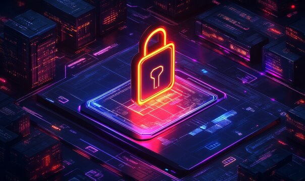 A vibrant digital lock symbol overlaying a circuit board, illustrating cybersecurity in the tech world.