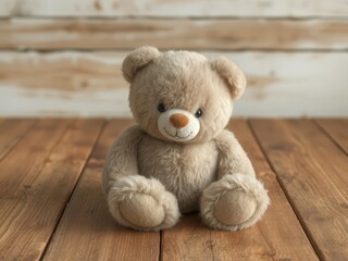 Obraz premium A fluffy teddy bear sits serenely on a rustic wooden table, minimalist, picture, stock photo
