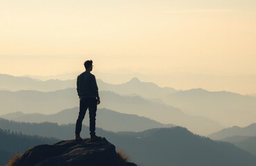Man stands atop mountain peak, looks over vast landscape. Silhouette against soft sunrise sunset. Peaceful scene evokes feelings of contemplation, achievement. Scenic view of mountain ranges.