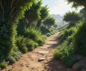 A lush green bush serves as a mysterious backdrop for a winding dirt path,  nature,  path,  overgrowth