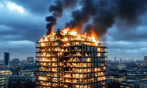 A high-rise building is consumed by flames and smoke as emergency services respond to the intense blaze in an urban neighborhood at dusk