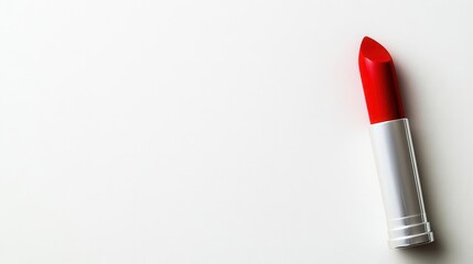 single bold red lipstick lying on a white background, embodying glamour and beauty, inviting creativity and self-expression in a minimalist setting