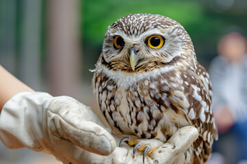 Obraz premium A small brown owl with vivid yellow eyes perched on a gloved hand, set against a blurred green background, showcasing its intricate feather patterns. 